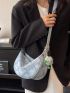 Plaid Pattern Hobo Bag With Pompom Charm Fashionable Zipper PU