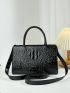 Crocodile Embossed Square Bag Black Double Handle For Daily