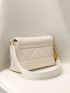 Genuine Leather Medium Square Bag Beige Quilted Flap For Work