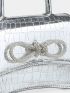 Mini Square Bag Funky Metallic Crocodile Embossed Rhinestone & Bow Decor Flap PU