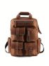 Men Genuine Leather & Canvas Backpack Vintage Daypack Multi Pocket Casual Rucksack Camping Bag