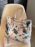 Graffiti Print Shoulder Tote Bag Letter Patch Decor Double Handle With Zipper Polyester Fashionable