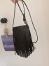 Mini Crossbody Bag Fringe Decor Black