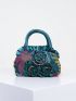 Random Color Flower Decor Zipper Handbag, Fashion Double Handle Purse, Casual Flower Design Bag For Shopping & Travel Random Pattern