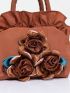 Random Color Flower Decor Zipper Handbag, Fashion Double Handle Purse, Casual Flower Design Bag For Shopping & Travel Random Pattern