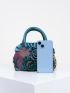 Random Color Flower Decor Zipper Handbag, Fashion Double Handle Purse, Casual Flower Design Bag For Shopping & Travel Random Pattern