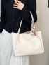 Letter Patch Shoulder Tote Bag Beige Twilly Scarf Decor Double Handle For Work