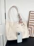Letter Patch Shoulder Tote Bag Beige Twilly Scarf Decor Double Handle For Work