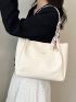 Letter Patch Shoulder Tote Bag Beige Twilly Scarf Decor Double Handle For Work