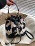 Small Bucket Bag Cow Print Drawstring Top Handle For Daily