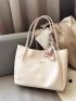 Letter Patch Shoulder Tote Bag Beige Twilly Scarf Decor Double Handle For Work