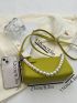 Small Crossbody Bag Funky Neon-green Faux Pearl Decor Zipper PU
