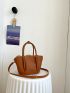 Litchi Embossed Bucket Bag With Inner Pouch Fashionable Letter Graphic Scallop Trim Double Handle PU