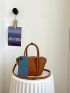 Litchi Embossed Bucket Bag With Inner Pouch Fashionable Letter Graphic Scallop Trim Double Handle PU