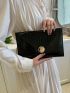 PU Envelope Bag Crocodile Embossed Black Metal Decor