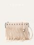 Studded & Fringe Decor Square Bag Medium Zipper