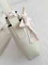 Litchi Embossed Bucket Bag Beige Twilly Scarf Decor With Inner Pouch