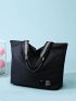 Letter Patch Shoulder Tote Bag Black Large Capacity For Daily