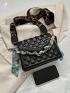 Checkered Embossed Square Bag Chain & Twilly Scarf Decor Flap PU