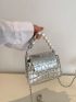 Mini Square Bag Crocodile Embossed Faux Pearl Decor Chain Strap