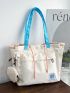 Letter Patch Shoulder Tote Bag Beige Pocket Front With Coin Purse