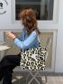 Letter Patch Shoulder Tote Bag Leopard Print Double Handle, Large Capacity Tote Bag For Work And Travel