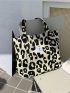 Letter Patch Shoulder Tote Bag Leopard Print Double Handle, Large Capacity Tote Bag For Work And Travel