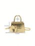 Crocodile Embossed Square Bag Gold Double Handle With Coin Purse
