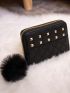 PU Small Wallet Pom Pom & Studded Decor Rhombus Pattern