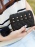 PU Small Wallet Pom Pom & Studded Decor Rhombus Pattern