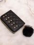 PU Small Wallet Pom Pom & Studded Decor Rhombus Pattern