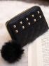PU Small Wallet Pom Pom & Studded Decor Rhombus Pattern