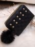 PU Small Wallet Pom Pom & Studded Decor Rhombus Pattern