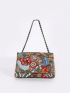 Floral Embroidered Square Bag Flap Chain Linen