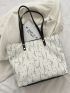 Floral Pattern Shoulder Tote Bag Studded Decor Double Handle With Zipper Polyester