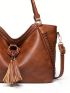 Large Shoulder Tote Bag Brown Tassel Decor Double Handle For Work, Mothers Day Gift For Mom