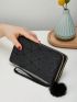 Geometric Pattern Zipper Long Wallet Pom Pom Decor