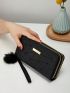 Geometric Pattern Zipper Long Wallet Pom Pom Decor
