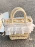 Lace Decor Straw Bag Small Double Handle Vacation