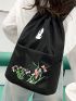 Oversized Drawstring Backpack Flower Embroidery