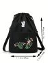 Oversized Drawstring Backpack Flower Embroidery