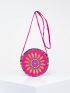 Vintage Mini Circle Bag Flower Embroidery Colorblock Adjustable Strap