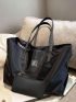 Letter Print Shoulder Tote Bag Black Large Capacity With Wallet, Best Work Bag For Women