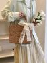 Medium Straw Bag Hollow Out Detail Double Handle Twilly Scarf Decor