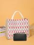 2pcs Bag Set Leaf Graphic Shopper Bag Black Purse