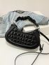 Medium Hobo Bag Crocodile Embossed Ruched Handle Black