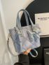 Geometric Pattern Bucket Bag Studded Decor Double Handle PU With Cartoon Bag Charm