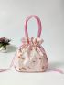 Mini Satchel Bag Random Flower Pattern Drawstring Design Top Handle