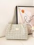 Letter Patch Shoulder Tote Bag Plaid Pattern Double Handle For Work