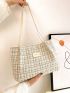 Letter Patch Shoulder Tote Bag Plaid Pattern Double Handle For Work